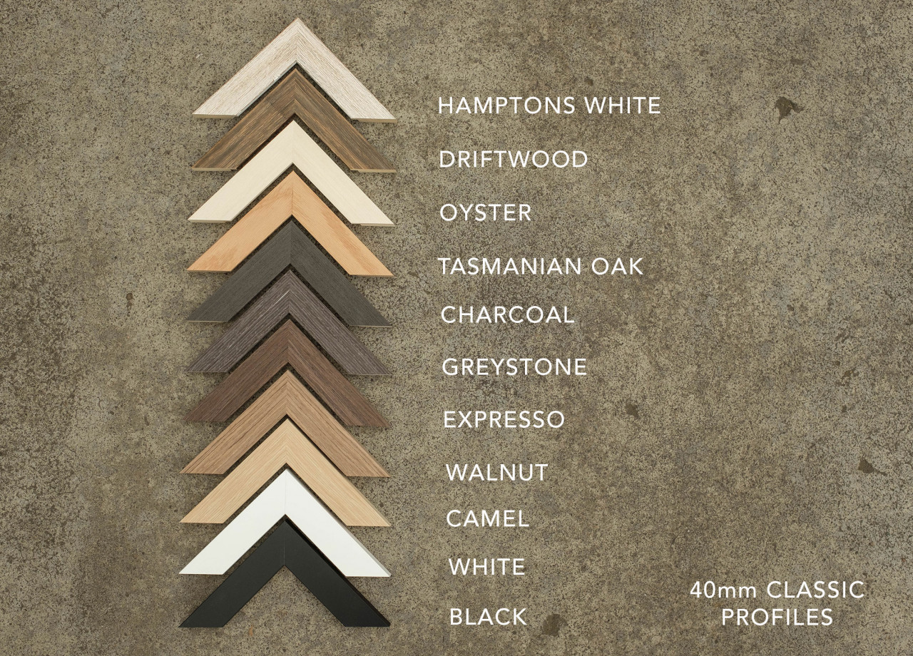 Framing option samples for photographic wall art at Crescent Head Photo Studio